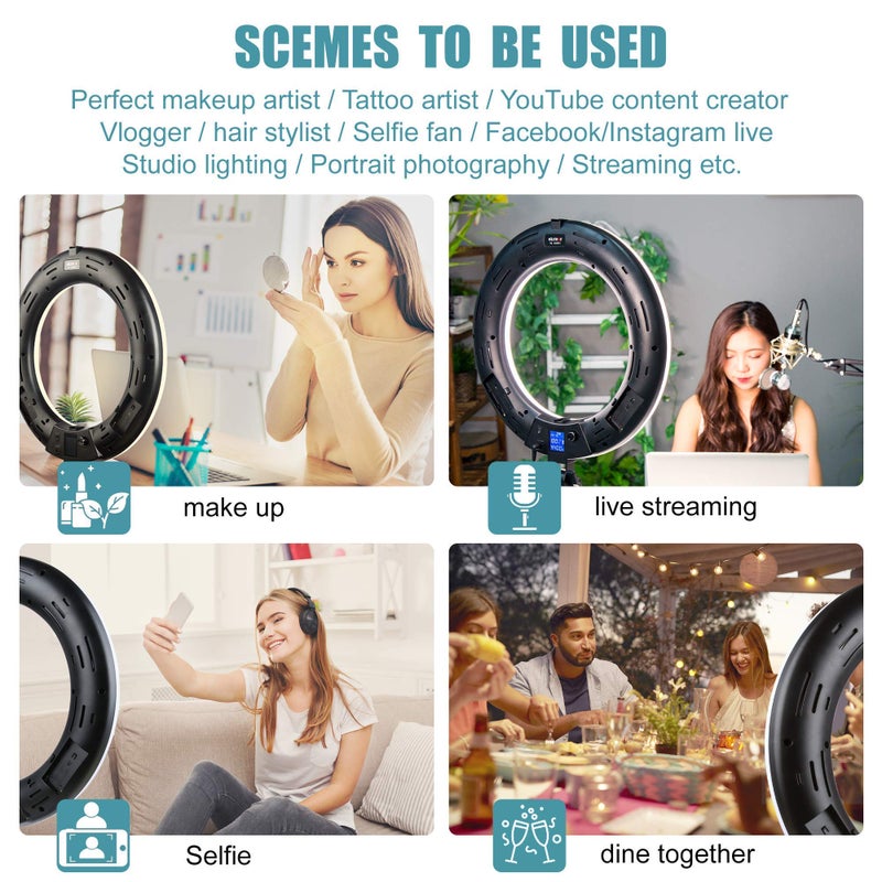 VILTROX مجموعة إضاءة حلقة VILTROX 45W 3400LM بقطر 18 بوصة مع حامل، أضواء LED عالية الارتفاع للبث المباشر، إضاءة حلقة للتصوير الجمالي وتسجيل الفيديو والمؤتمرات - Image 3